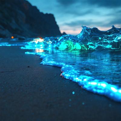 The primary subject of the image is a beautiful blue wave crashing onto a beach. The setting is a beach with a rocky cliff in the background. The visual style is a photo, capturing the vibrant colors and the dynamic movement of the wave. The dominant colors are blue and green, creating a serene and calming atmosphere.